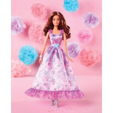 Kolekcinė Barbie lėlė su gėlėta alyvine suknele Kolekcinė Barbie lėlė su gėlėta alyvine suknele