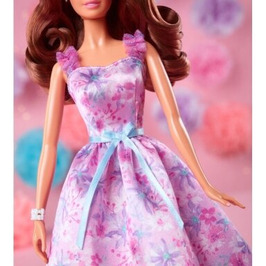 Kolekcinė Barbie lėlė su gėlėta alyvine suknele Kolekcinė Barbie lėlė su gėlėta alyvine suknele
