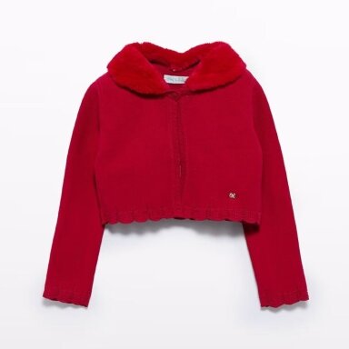 Girls faux fur collar cardigan red Abel & Lula 5851