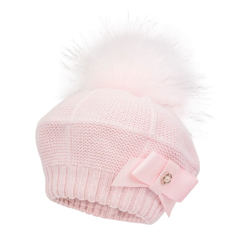 Girls knitted beret with fur pom pom Jamiks Kathrine pink